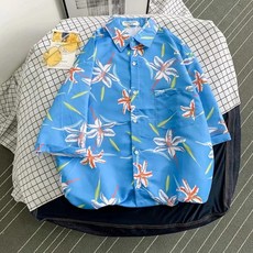 남자 알로하 댄스 하와이안 꽃남방 셔츠 바캉스룩 블루