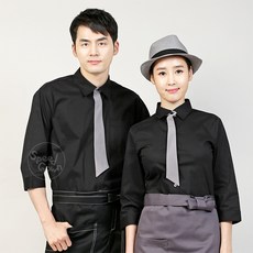 검정 블랙 타이 스판 칠부 셔츠-타이부착제품 / 서빙 식당 레스토랑 카페 호텔 바리스타 유니폼