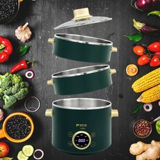 키친아트 3단 스텐 멀티쿠커 전골 새우 만두 계란 전기찜기 2L 그린