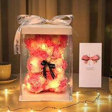 EVOKME 장미꽃곰돌이 로즈베어 장미곰돌이 플라워곰 led 조화 꽃다발 기념일 생일 결혼 신혼 선물 인테리어조화, 1개, 화이트 핑크 1개, 화이트 핑크