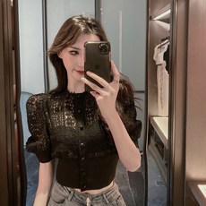 마이핸딜 코디룩 레이스 비즈 펀칭 미니 소매 여름옷 카디건 상의 여성 J25562