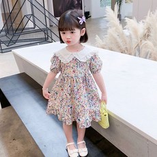 인형간은 꽃 무늬 여아 스커트 쉬폰 카라 원피스 O