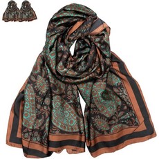 베스티 롱 스카프 여성 실크 라이크 플로럴 라지 경량 새틴 선크림 숄 랩, 2 Pcs Black Green Printed, 1개