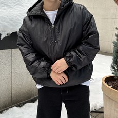 후드 아노락 패딩 오버핏 글로시 경량 점퍼 유광 반집업 2color