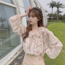 정통상점 여성긴팔남방 스트랩 플라워 디자인 감각 보이핏 볼륨 봄 여름 타입 퍼프 소매 와이셔츠 쉬폰