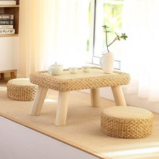 DNJS 라탄티테이블 좌식 식탁 원형2인 베란다 의자테이블 세트, 아이보리(식탁단품-사각)