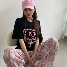 여자 반팔 티셔츠 여성 킹스 곰돌이 라운드 박시 코믹 탑하이웨이스트 다발 염색 캐주얼 팬츠 세트