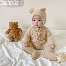 BOONINT 유아 뽀글이 곰 신생아 후드 우주복 부드러운 아기 옷 심플 곰 신생아 후드 실내우주복 외출우주복 BN112723