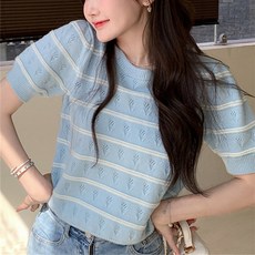 한타오 루즈핏 짧은 옷 반팔 스트라이프 니트 티셔츠 2024