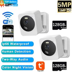 투야 스마트 미니 와이파이 IP 카메라 실내 무선 홈 보안 AI 인간 감지 CCTV 감시 블록 카메라 5MP 방수, 2개, 08 2PCS Add 128GB Card, 31) 2PCS Add 128GB Card - AU 플