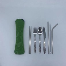 휴대용 프린트 스테 스푼 포크 스테이크 나이프 여행용 커트레이 식기 가방, 7. 7pcs-green, 1개