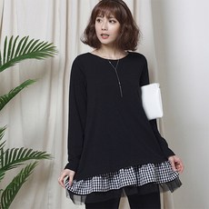 하루메이비 A714 밑단 체크프릴 라운드넥 블라우스