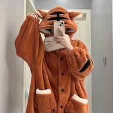 타이거 가운 여성용 잠옷 따뜻한 플리스 원피스 후드 수면 홈웨어 파자마