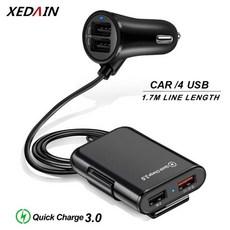 4 포트 USB 차량용 충전기 빠른 충전 QC3.0 iPhone 12 용 5.6ft 연장 케이블 샤오 미 휴대 전화 운전 레코더 고속 충전, 검정