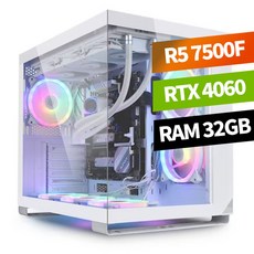 피씨스토어 화이트 감성 어항 PC 라이젠5 7500F RTX4060 360 RAM32GB 수냉쿨러 영상편집 롤 발로란트 배그 포토샵, SSD 1TB / RTX4060