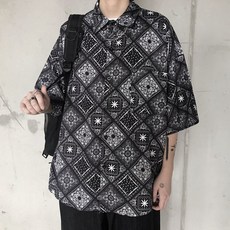 남자 오버핏 반팔 반다나 셔츠