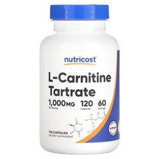 Nutricost l-카르니틴 타르타르산염 1000mg 캡슐 120정(캡슐 1정당 500mg), Nutricostl-카르니틴타르타르산염1000mg캡, 1개, 120정