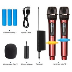 스탠드마이크UHF 듀얼 핸드헬드 무선 마이크 다이내믹 노래방 충전식 리튬 배터리 수신기 무대 연설 PA, 09 UHF011-Red-2, 09 UHF011-Red-2