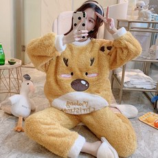 크리스마스 루돌프 사슴 캐릭터 극세사 수면 잠옷 상하의세트 도톰한 코랄빛 뽀글이플란넬 홈웨어 세트