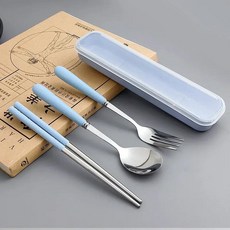 휴대용 밀 빨대 식기 상자 숟가락 포크 젓가락 커트레이 식기류, 4.Light blue net red, 1개