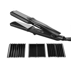 크림퍼 4 in 1 Hair Crimper Waver Straightener 컬링 아이언 개 교환 가능 티타늄 세라믹 플랫 크림 핑 철판, 01 Black_03 EU, 1개