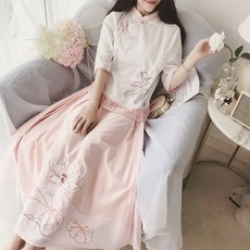 여름 꽃 자수 개량한복 치파오풍 린넨 투피스 세트 원피스 에스닉 스타일 S~2XL