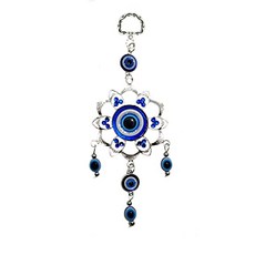 Luckboostium Silver Flower Evil Eye Charm with Metal Alloy Flower and Hanging Blue and Whi (Silver)