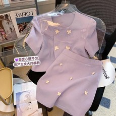 BOONINT 여자 트위드반팔가디건 자켓 세트 반팔 자켓+롱스커트 투피스 카라넥 패션 레이스 여성 여름세트 루즈핏 린넨 하객룩 오피스룩 BN040824