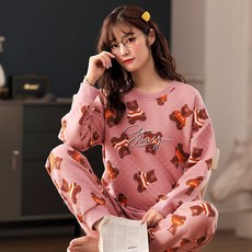 레니몰 여성용잠옷세트 겨울 가을 계절 삼층 이중지 면 여성 잠옷 풀오버 후드 큐트 곰돌이 애니메이션 보온 실내 유니폼 가능