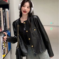 ANYOU 여성 골드 버튼 기본 가죽 라이딩 자켓