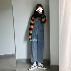 여성 포켓 데님 멜빵바지 하이웨이스트 슬림 일자팬츠
