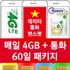베트남 유심 60일 패키지 매일 4gb 통화 핫스팟 지원 비나폰 대용량 베트남유심칩 스카이패스로밍, 매일4GB+통화, 택배수령