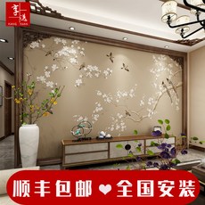 3D스캐너 3d새로운중국풍의 TV배경벽 벽지 빈티지 화조화 기품 벽보 거실 인테리어 8d입체, T04-긴 섬유 목화솜 천, C01-벽지