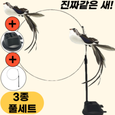 스마일플로우 진짜같은 새 고양이 최애 풀세트 튼튼 고정 낚시대 장난감, 1세트, 블랙화이트 새 1세트, 블랙화이트 새