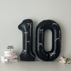 연지마켓 블랙 대형 숫자 풍선 리본 기념일 생일, 1개, 핑크리본 + 블랙숫자 10 파티/마술도구