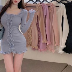 히또리 X3503 레이스 프릴 라인 포인트 스퀘어넥 슬림핏 미니 원피스