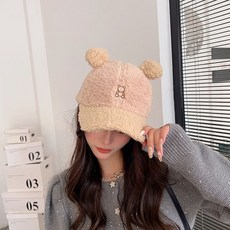 HXT 여성 곰돌이 야구모자 뽀글이 후리스 양털 겨울모자 캡모자 볼캡 사이즈조절 방한모자, 카키, 1개