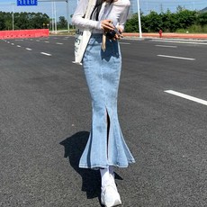 슬림핏 데님 롱스커트 머메이드 하이웨이스트 앞트임 청치마 허리밴딩