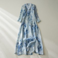 어르신 여름 모시 삼베 옷 셔츠 남방 Limiguyue 대나무 잎 프린트 얇은 아늑한 라미에 미디 드레스 스타일 여성 A 라인 베스티도 U182