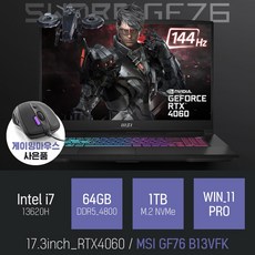 MSI Sword GF76 B13VFK 인텔 13세대 i7-13620H RTX4060 [이벤트 한정특가 / 사은품증정], WIN11 Pro, 64GB, 1TB, 코어i7, 블랙