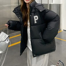 POMTOR 여성 숏 코트 겨울 후드 루즈핏 면 자켓