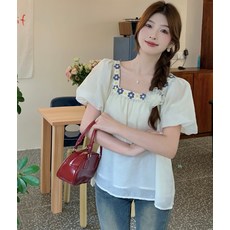 플라워 블라우스 빅사이즈 스퀘어넥 헤비자수 퍼프소매 상의