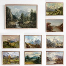 일러스트의뢰 소박한 산 및 호수 풍경 유럽 시골 그림 캔버스 벽 예술 침실