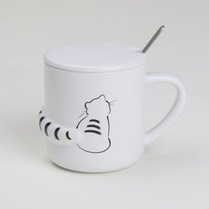 [쿡차 고양이 머그컵] 귀여운 홈카페 도자기 머그잔+머그 컵 뚜껑, 1개, 화이트-심심하냥