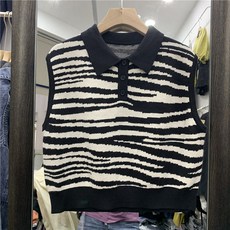 POLO 넥 숏 소프트 니트 하이웨스트 풀오버 후드 베스트 조끼 카라넥 상의 레오파드 자카드 가을 트렌드 니트조끼