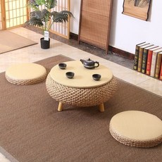 JIBAIHUO 라탄 티 테이블 방석 세트 원형 예쁜 좌식 차 홈 카페 거실 수제 인테리어 디자인, 우드색 라지 테이블 ( 60 x 25cm)