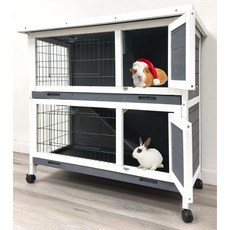 Deluxe Wooden Indoor & Outdoor Rabbit Hutch Guinea Pig House On Wheels Small Animals Cat Home for, Gray/White, 1개