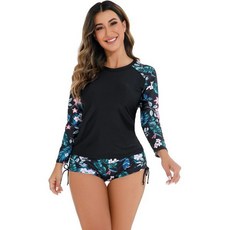 여성용 2피스 래쉬가드 긴팔 수영복 반바지 세트 선 프로텍션 UPF 50 서핑, X-Large, Black Floral
