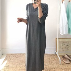 어쓰 긴팔 브이넥 롱 원피스