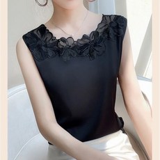 여성 레이스 플라워넥 실크 민소매 나시티